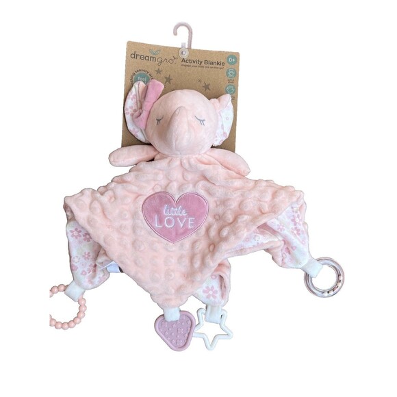 Dream Gro Pink Elephant Activity Blanket Baby Lovey Floral Rattle Popcorn Dots - Picture 1 of 5